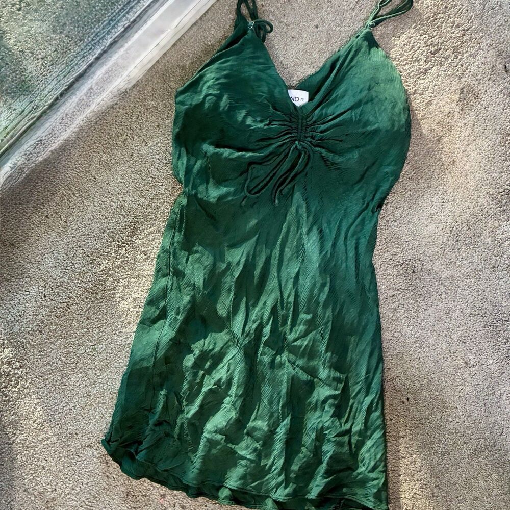 Bond 73 Silk Blend Emerald Green Ruched Tie Bust Slip Dress Y2K Fairy Grunge M - Picture 9 of 12